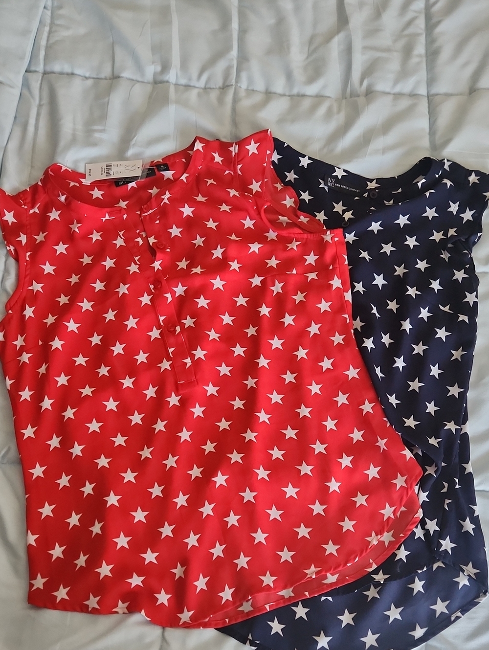 New York & Company Red and Navy Star Print Tank Tops